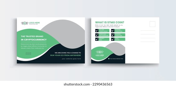 Cryptocurrency postcard design template. Cryptocurrency Company Business Postcard Template Design, Simple and Clean Modern Minimal Postcard Template, Business Postcard Layout