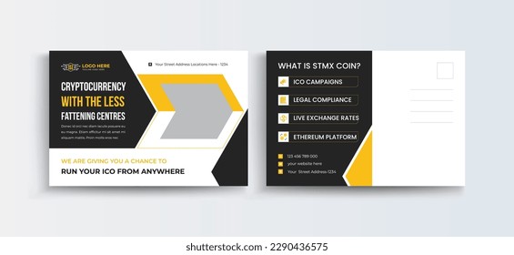 Cryptocurrency postcard design template. Cryptocurrency Company Business Postcard Template Design, Simple and Clean Modern Minimal Postcard Template, Business Postcard Layout