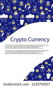 Cryptocurrency poster. Bitcoin banner. Line financial objects, outline crypto coins, blockchain technology. Mining, exchange and groth wallet, investment simbol vector isolated doodle illustration