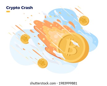 Cryptocurrency price fall down. Crypto price collapse at Stock exchange market. Bitcoin crisis. Crypto coin burning and crash. Cryptocurrency investment is high risk. 