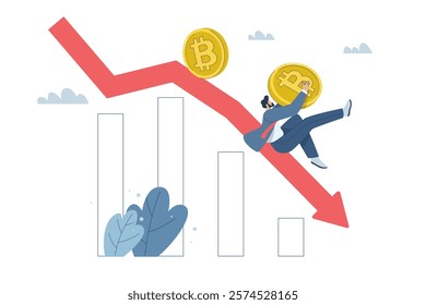 Cryptocurrency price falls, Bitcoin value continues to fall, Crypto trading risks, Male investor holding bitcoin falling following red arrow, Flat vector design illustration.
