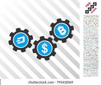 Cryptocurrency Process Gears icon with 700 bonus bitcoin mining and blockchain icons. Vector illustration style is flat iconic symbols designed for cryptocurrency websites.