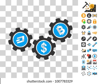 Cryptocurrency Process Gears icon with bonus bitcoin mining and blockchain pictures. Vector illustration style is flat iconic symbols. Designed for crypto-currency apps.