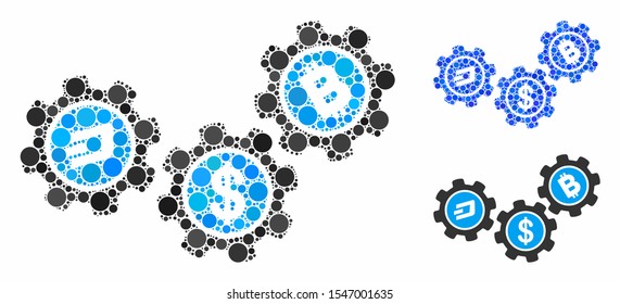 Cryptocurrency process gears mosaic of small circles in different sizes and color hues, based on cryptocurrency process gears icon. Vector small circles are grouped into blue composition.