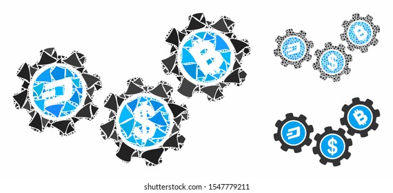 Cryptocurrency process gears mosaic of tuberous parts in various sizes and color tints, based on cryptocurrency process gears icon. Vector tuberous pieces are grouped into collage.