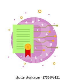 Cryptocurrency process mining icon. Flat vector illustration in crypto theme. Crypto currency label with bitcoin sign, network server, computer hardware, graphs, mining, coins, milestone. Vector.