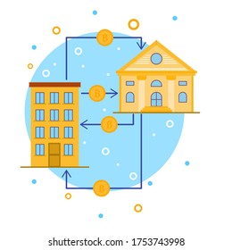 Cryptocurrency process and mining icon. Flat vector illustration in crypto theme. Crypto currency label with bitcoin sign, network server, computer hardware, graphs, mining, coins. Vector.