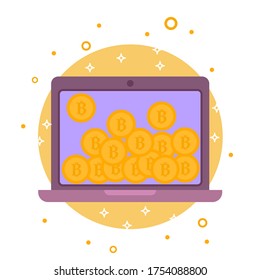 Cryptocurrency process and mining icon. Flat vector illustration in crypto theme. Crypto currency labels with bitcoin sign, network server, computer hardware, graphs, mining, coins. Vector.