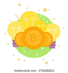 Cryptocurrency process and mining icon. Flat vector illustration in crypto theme. Crypto currency labels with bitcoin sign, network server, computer hardware, graphs, mining, coins. Vector.