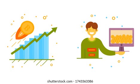 Cryptocurrency process and mining set. Flat vector illustration collection in crypto theme. Crypto currency labels with bitcoin sign, network server, computer hardware, graphs, mining, coins. Vector.