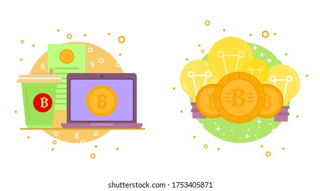 Cryptocurrency process and mining set. Flat vector illustration collection in crypto theme. Crypto currency labels with bitcoin sign, network server, computer hardware, graphs, mining, coins. Vector.