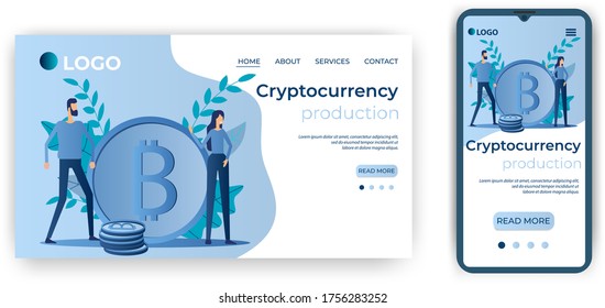 Producción de criptodivisa.Bitcoins, e-wallets.Plantilla para la interfaz de usuario de la página principal del sitio.Plantilla de la página de inicio.Diseño adaptativo de la ilustración smartphone.vector.