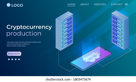 Cryptocurrency production.Concept of bitcoin mining.Electronic cryptocurrency exchange.Use of modern technologies.The template of the landing page.Isometric vector illustration.