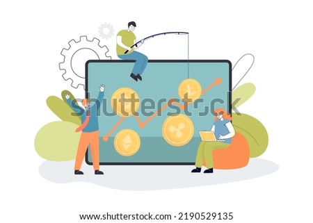 Cryptocurrency profit graph growing for happy customers. Tiny man with fishing rod catching coins flat vector illustration. Digital money, income concept for banner, website design or landing web