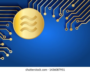 Cryptocurrency Project Libra Coin. gold circuit board and Coin on blue background. vector.