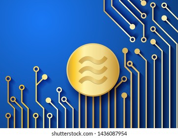 Cryptocurrency Project Libra Coin. gold circuit board and Coin on blue background. vector.