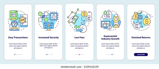 Pantalla de aplicación móvil de Cryptocurrency pros a bordo. Paseo de transacciones fáciles 5 pasos páginas de instrucciones gráficas con conceptos lineales. UI, UX, plantilla GUI. Multitud de tipos de letra Pro-Bold, con uso regular