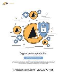 Cryptocurrency protection, financial security, account control flat contour style vector concept illustration