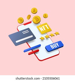 Cryptocurrency purchase of digital goods via smartphone, the concept of online bitcoin purchases from a personal cryptocurrency wallet account. Three-dimensional illustration. Vector infographic