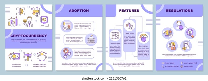 Cryptocurrency purple brochure template. Adoption and features. Leaflet design with linear icons. 4 vector layouts for presentation, annual reports. Arial-Black, Myriad Pro-Regular fonts used