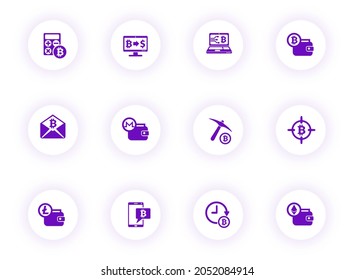 cryptocurrency purple color vector icons on light round buttons with purple shadow. cryptocurrency icon set for web, mobile apps, ui design and print
