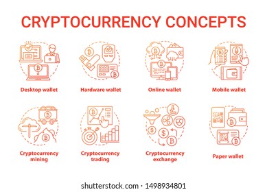 Cryptocurrency red concept icons set. Digital asset idea thin line illustrations. Desktop, hardware wallet. Financial transaction. Bitcoin exchange. Vector isolated outline drawings