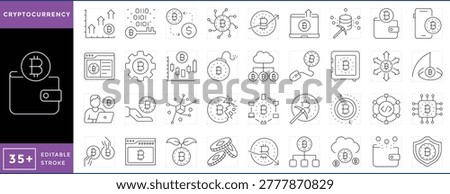 Cryptocurrency related 36 line icons set. Vector editable stroke.