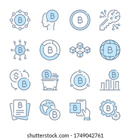 Cryptocurrency related blue line colored icons. Bitcoin and Crypto Money icon set.