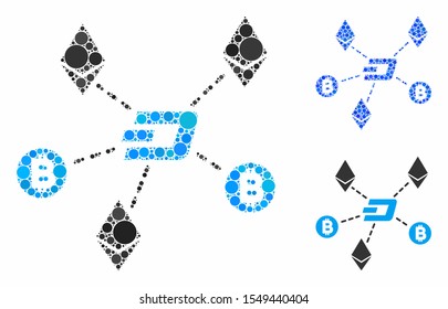 Cryptocurrency relations composition of small circles in various sizes and color tinges, based on cryptocurrency relations icon. Vector small circles are composed into blue collage.