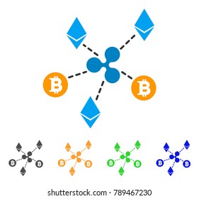 Cryptocurrency Relations icon. Vector illustration style is a flat iconic cryptocurrency relations symbol with grey, yellow, green, blue color variants. Designed for web and software interfaces.