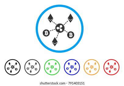 Cryptocurrency Relations rounded icon. Style is a flat grey symbol inside light blue circle with bonus colored variants. Cryptocurrency Relations vector designed for web and software interfaces.