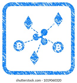 Cryptocurrency Relations rubber seal stamp watermark. Icon vector symbol with grunge design and corrosion texture in rounded frame. Scratched blue stamp imitation on a white background.
