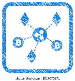 Cryptocurrency Relations rubber seal stamp watermark. Icon vector symbol with grunge design and corrosion texture in rounded square frame. Scratched blue sticker on a white background.
