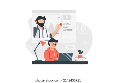 Kryptowährungsforschung im flachen Design. Man analysiert digitale Geld- und Blockchain-Technologie, studiert Video-Tutorials über die Gründung von Kryptounternehmen. Vektorgrafik mit Menschen-Szene für Web