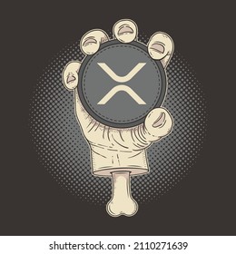 Cryptocurrency Ripple XRP holder, hand holding coin vector illustration.	