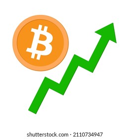 Cryptocurrency Rise Vector Illustration. Bitcoin BTC Price Increase, Crypto Volatility Price Spike And Pick Up. Stock Market High Profit. Crypto Uptrend In Market. Bullish Candle And Green Up Arrow.