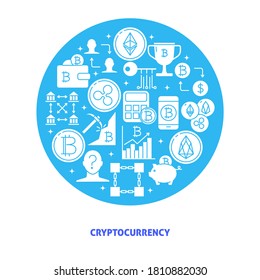 Cryptocurrency round banner with place for text. Alternative currency poster with bitcoin and digital coins symbols. Vector illustration.