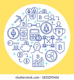 Cryptocurrency round concept banner in line style. Alternative currency poster with bitcoin and digital coins symbols. Vector illustration.