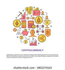 Cryptocurrency round concept poster with place for text. Alternative currency banner with bitcoin and digital coins symbols in colored line style. Vector illustration.