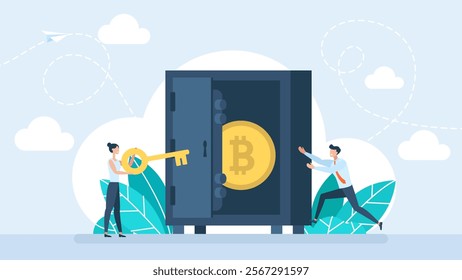 Cryptocurrency in safe. Private key to store cryptocurrency,  Bitcoin, security password or safety protection for crypto currency concept. Businessman investor holding private key. Vector illustration