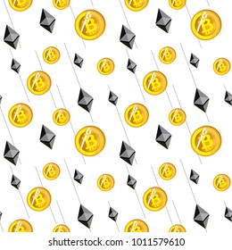 Cryptocurrency seamless pattern. Bitcoin background. Seamless background with signs of Bitcoin and Ethereum.