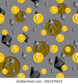 Cryptocurrency seamless pattern. Bitcoin background. Seamless background with signs of Bitcoin and Ethereum.