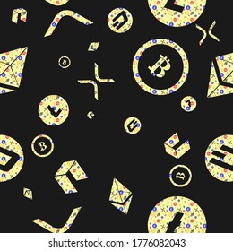 Cryptocurrency seamless pattern, Colourful Crytocurrency icons on dark backgrounds.