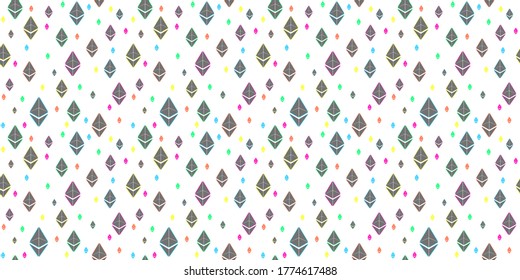 Cryptocurrency seamless pattern, Colourful Ethereum logo on white backgrounds. 