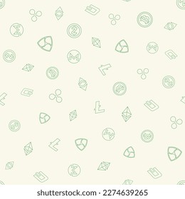 Cryptocurrency seamless pattern. Crypto currency background. Bitcoin Ethereum Ethereum classic, Dash, Litecoin, Monero, Nem, Ripple, Zcash. Vector illustration.