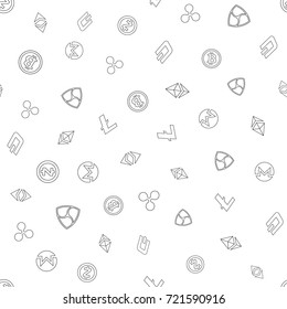 Cryptocurrency Seamless Pattern. Crypto Currency Background. Bitcoin, Ethereum, Ethereum Classic, Dash, Litecoin, Monero, Nem, Ripple, Zcash. Vector Illustration.