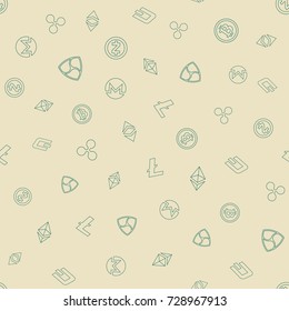 Cryptocurrency seamless pattern. Crypto currency background. Bitcoin, Ethereum, Ethereum classic, Dash, Litecoin, Monero, Nem, Ripple, Zcash. Vector illustration.