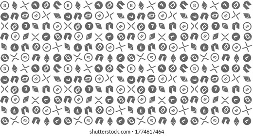 Cryptocurrency seamless pattern, Crytocurrency icons on white backgrounds. 