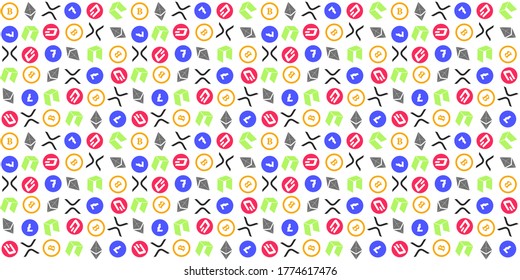 Cryptocurrency seamless pattern, Crytocurrency icons on white backgrounds. 