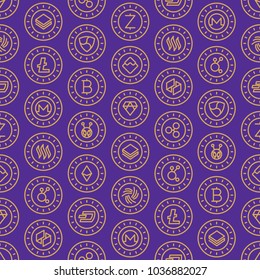 Cryptocurrency seamless pattern with thin line icons: Bitcoin; Ethereum; Ripple; Litecoin; Dash; NEM; ubiq; IOTA; Monero. Modern vector illustration.